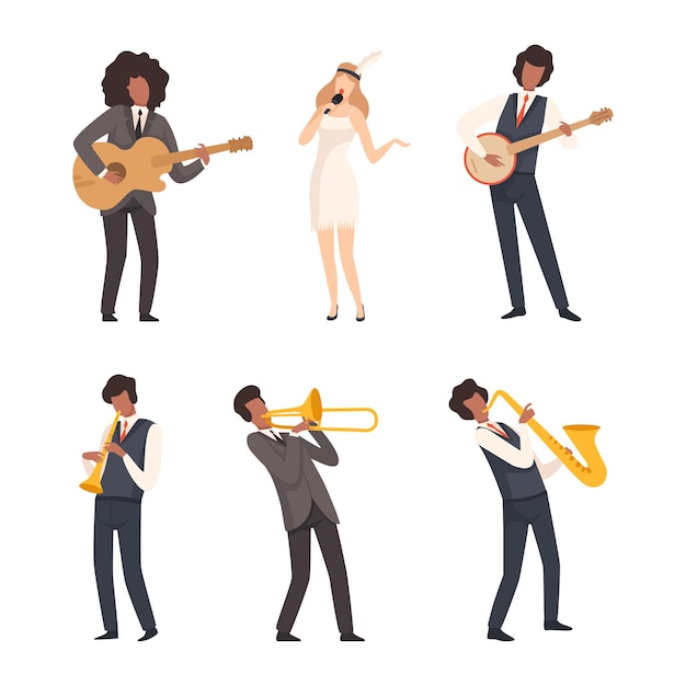 Conjunto de músicos de banda de jazz tocando com instrumentos musicais e cantando vetor de desenho animado