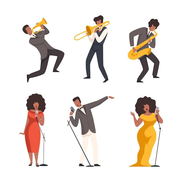 Conjunto de músicos de banda de jazz tocando com instrumentos musicais e músicos cantores tocando