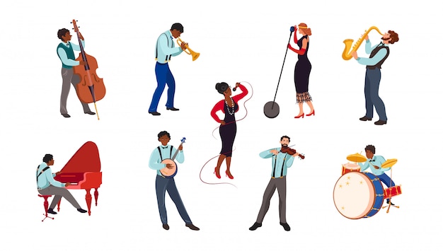 Conjunto de músicos de jazz e cantores na ilustração de palco