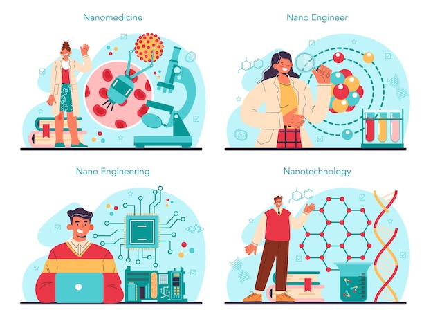 Conjunto de nanoengenharia. Cientistas trabalham em laboratório com nanopartículas