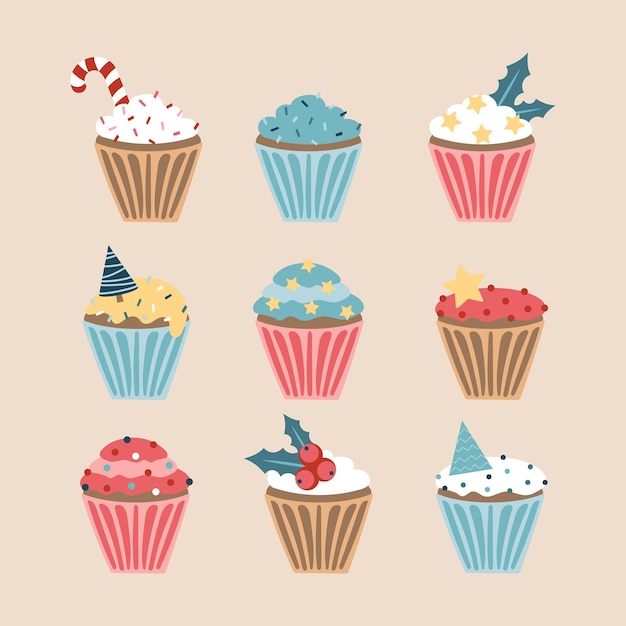 Conjunto de natal de cupcakes e muffins, ilustração vetorial