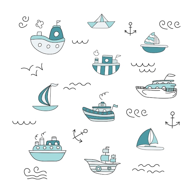 Conjunto de navios em estilo doodle Ilustração vetorial