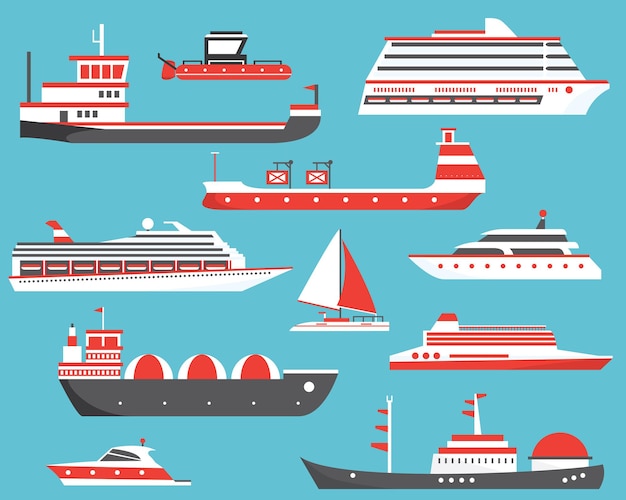 Vetor conjunto de navios. petroleiro, iate, graneleiro, gasolina e navio de cruzeiro de passageiros. ilustração vetorial.