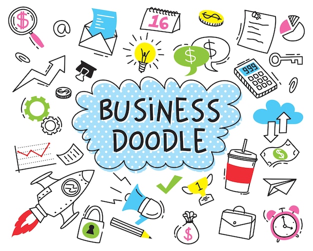 Conjunto de negócios doodle em fundo branco
