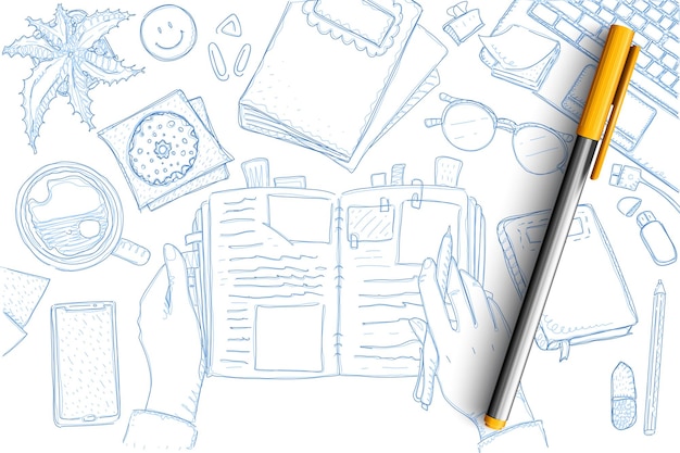 Conjunto de notas de doodle de viajante. Coleção de mãos de turista desenhada à mão com notebook e memórias, mapas, estrela do mar, smartphone, lápis, laptop e símbolos de férias isolados