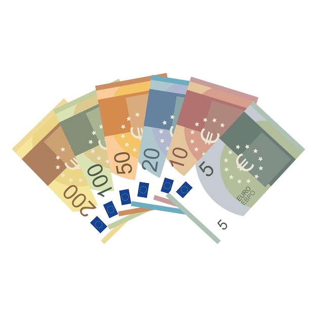 Vetor conjunto de notas de euro cinco dez vinte e cinquenta cento e duzentos euros ilustração em vetor