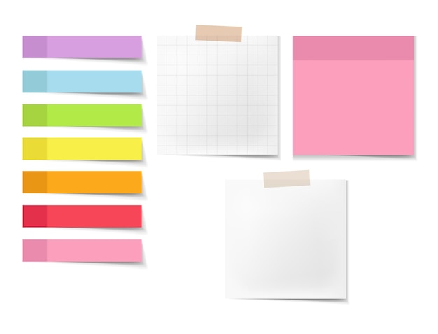 Conjunto de notas de papel isolado fundo branco vetor materiais escolares coloridos