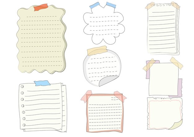 Conjunto de notas de papel notas em branco com fita adesiva e adesivos coleção de cadernos com cantos enrolados notas adesivas padrão verificado papereducation vector mensagem e conceito de papel de anotação