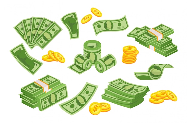 Conjunto de notas e moedas. Voar e rola contas, pilhas de moedas