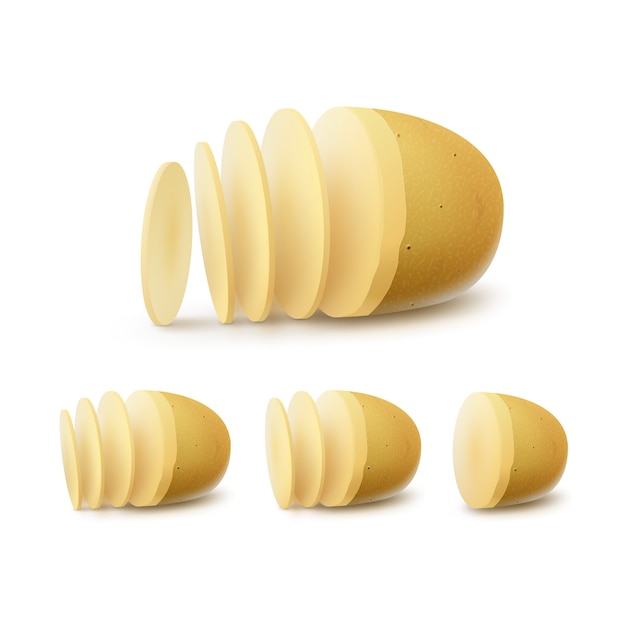 Conjunto de novas batatas fatiadas cruas amarelas close-up isolado no fundo branco