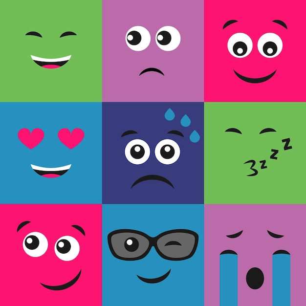 Conjunto de nove emoticons coloridos. ícone de emoji na praça. padrão de fundo plano. ilustração vetorial