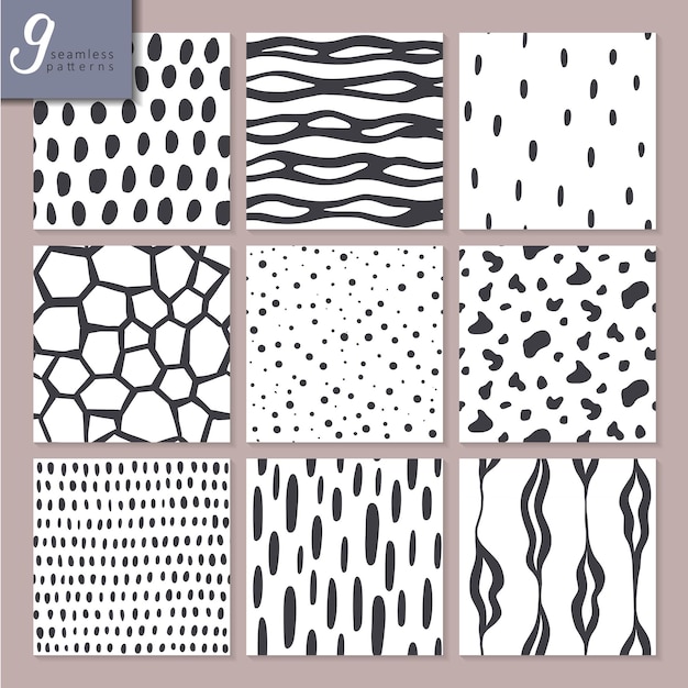 Conjunto de nove padrões abstratos sem costura desenhados à mão em cores preto e branco