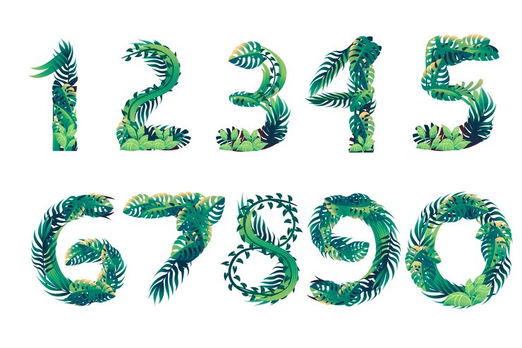 Vetor conjunto de números de folha com diferentes tipos de folhas verdes e folhagem cartoon estilo design ilustração vetorial plana isolada no fundo branco.