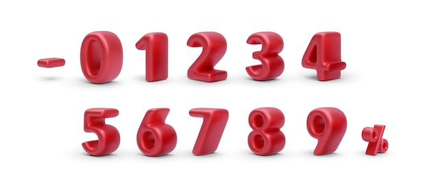 Vetor conjunto de números vermelhos realistas e sinal de menos e sinal de porcentagem com sombra isolada na ilustração vetorial de fundo branco