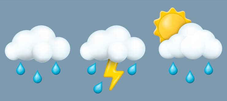 Vetor conjunto de nuvens 3d com gotas de chuva, relâmpagos e sol ilustração vetorial eps 10