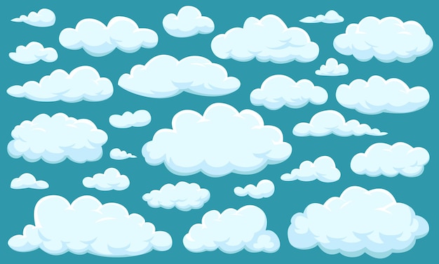 Vetor conjunto de nuvens de diferentes formas no céu para o seu aplicativo de interface do usuário de design do site meteorologia e atmosfera no espaço