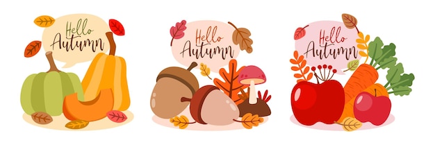 Conjunto de objeto de item para a temporada de outono com letering, design plano para cartão, banner, adesivo, ilustração vetorial