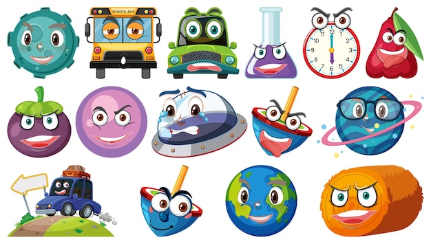 Conjunto de objetos de brinquedo diferentes com rostos sorridentes