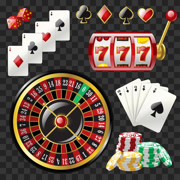 Conjunto de objetos de cassino - vetor moderno realista clip-art isolado em fundo transparente. cartas de jogo, slot 777, roleta, naipes, dados, fichas de pôquer, royal straight flush preto. conceito de jogo