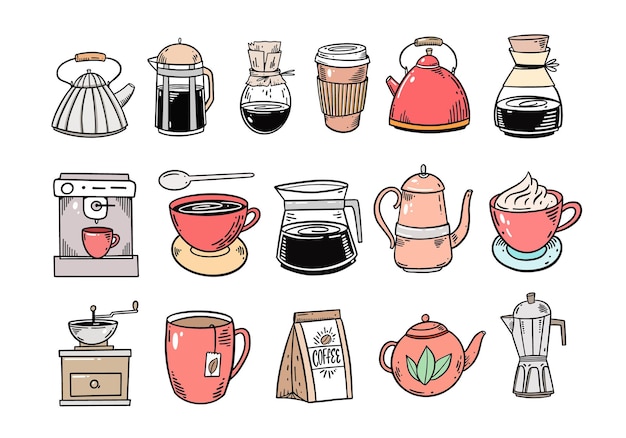 Conjunto de objetos de elementos de doodle de café. Mão desenhada ilustração em vetor estilo cartoon colorido.