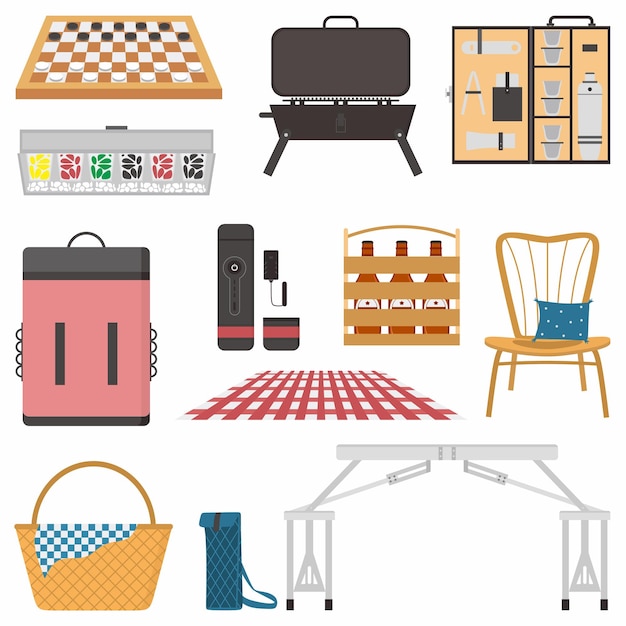 Conjunto de objetos de vetor de cores planas de atributos de piquenique Cadeira de mesa de cesta mochila cerveja etc Piquenique em dia ensolarado ilustração de desenho animado isolada para design gráfico da web e coleção de animação