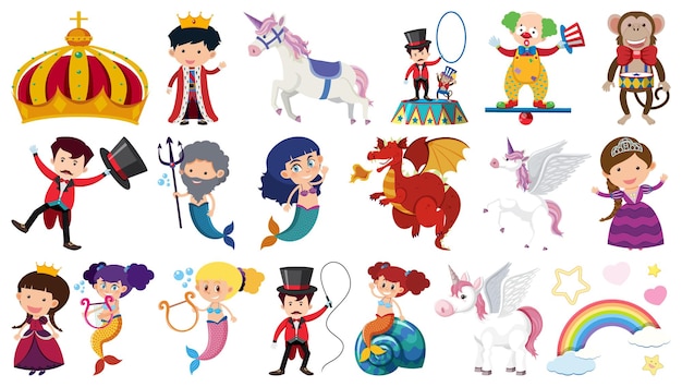 Conjunto de objetos e personagens de desenhos animados de contos de fadas