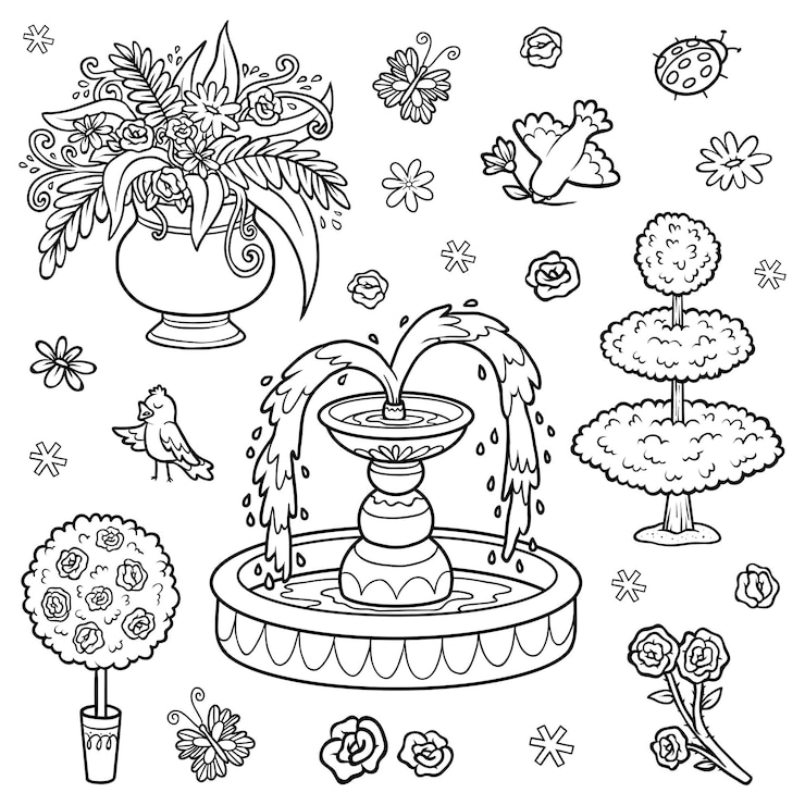 Vetor conjunto de objetos em preto e branco do jardim real itens de desenho vetorial para uma princesa