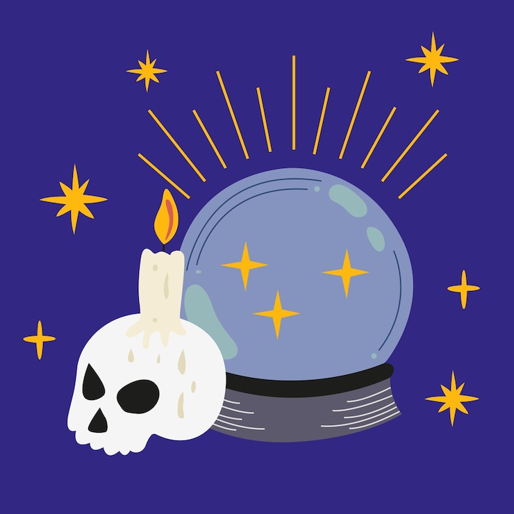 Vetor conjunto de objetos ocultos um crânio com uma vela para vários rituais mágicos e uma camada de vidro mágico