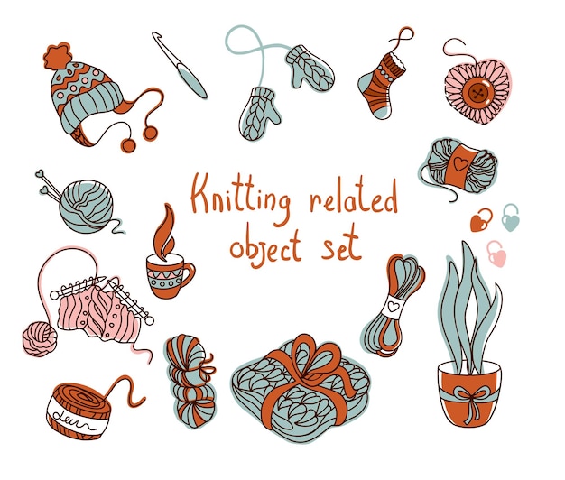 Conjunto de objetos relacionados a tricô hobby de tricô Ícones ilustração vetorial de agulhas de tricô de fio