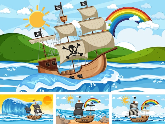 Conjunto de oceano com navio pirata em diferentes momentos, cenas em estilo cartoon