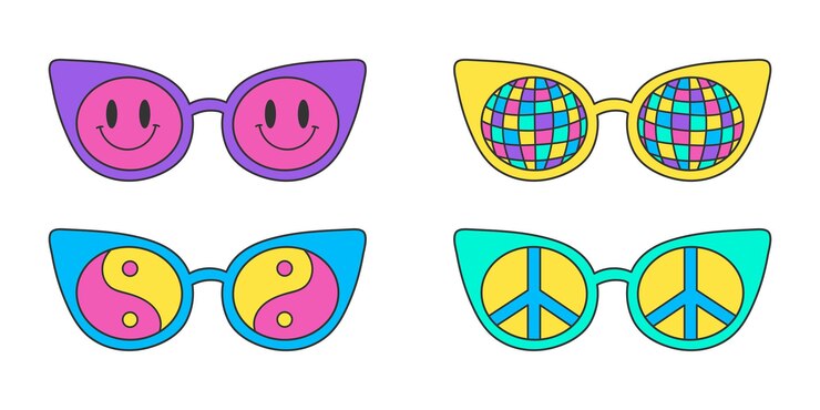 Vetor conjunto de óculos de sol neon groovy em um fundo branco vintage acessório hippie marco de olhos sinal de paz