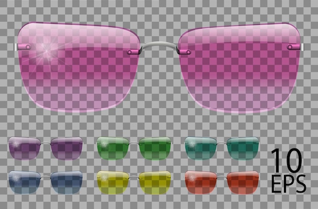 Vetor conjunto de óculos.forma do trapézio.cor diferente transparente.óculos de sol.3d graphics.pink azul roxo amarelo vermelho verde.unissex mulheres homens