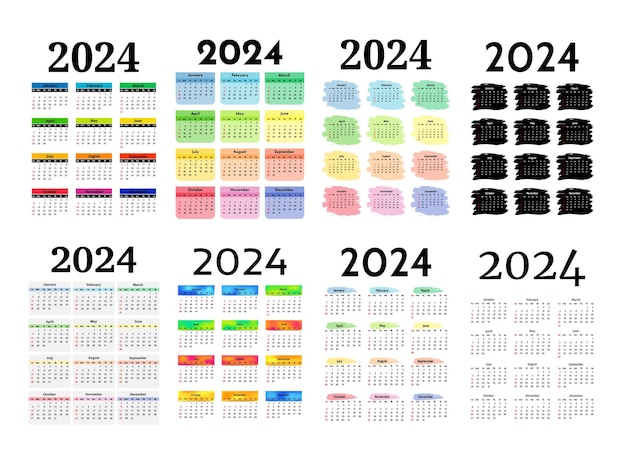 Conjunto de oito calendários verticais para 2024 isolados em um fundo branco de domingo a segunda-feira ilustração vetorial de modelo de negócios