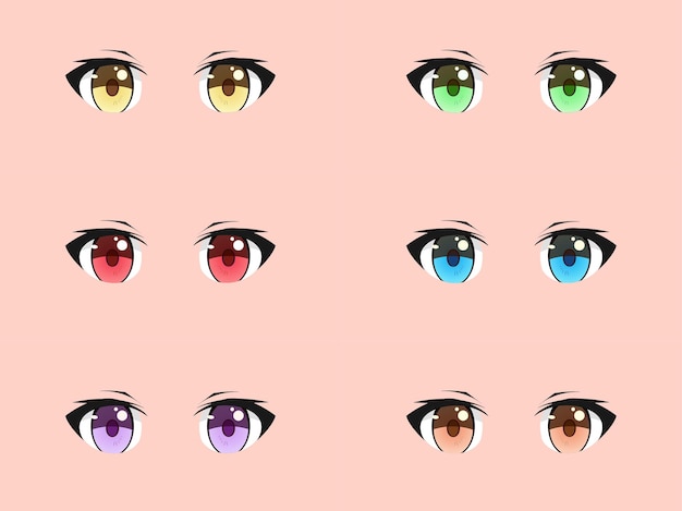 Expressões de anime rostos fofos de kawaii com olhos, lábios e