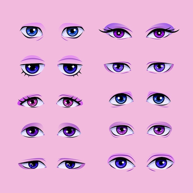 Conjunto de olhos de maquiagem diferentes tipos de cílios de olhos parte do rosto isolada do fundo rosa