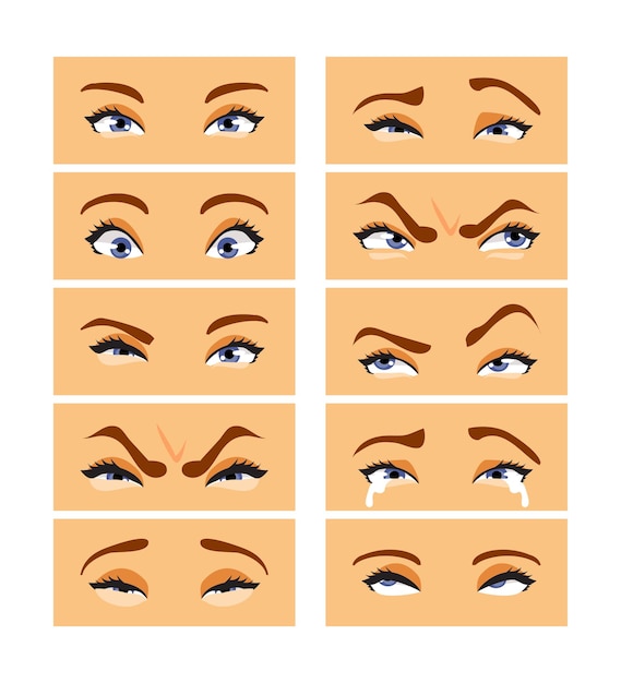 Vetor conjunto de olhos femininos com diferentes emoções e expressões