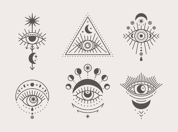 Conjunto de olhos místicos, ícones de sol e lua em um estilo linear mínimo de tendência. ilustração vetorial isotérica