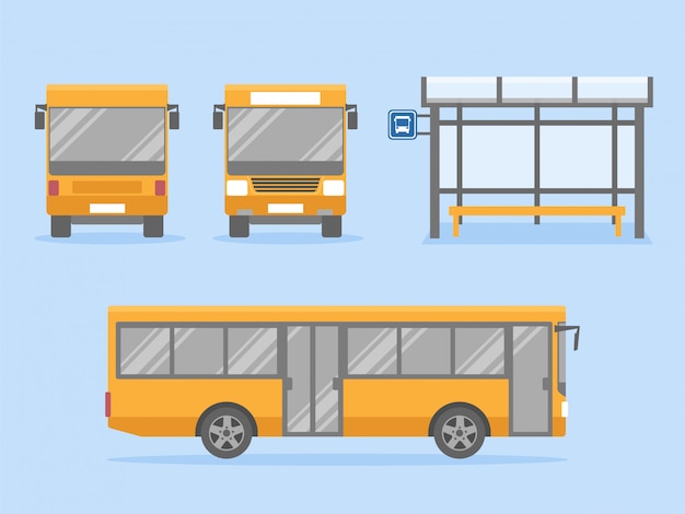 Conjunto de ônibus amarelo da cidade com frente e vista traseira com estação de ônibus