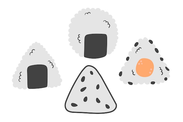 Conjunto de onigiri tradicional isolado no fundo branco conjunto de ícones de sushi em estilo plano doodle