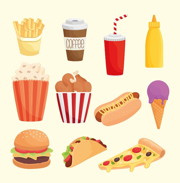 Conjunto de onze ícones de produtos de fast food design de ilustração