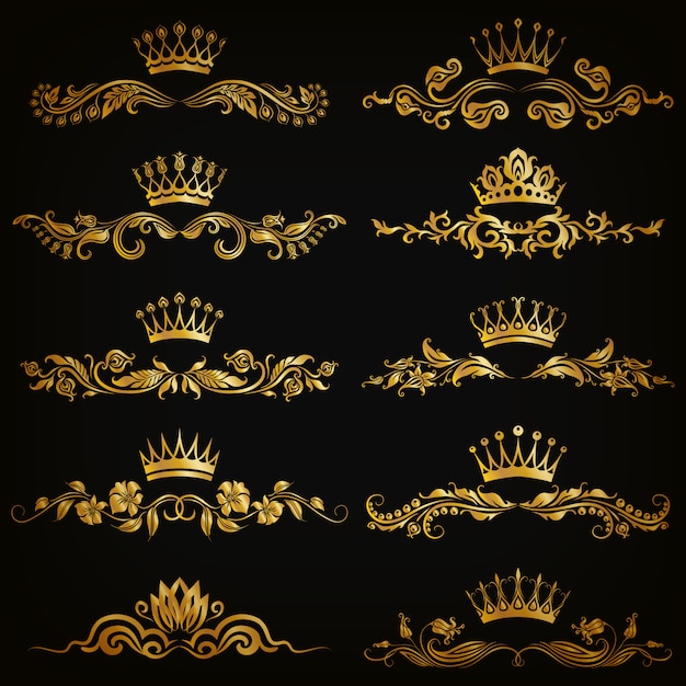 Conjunto de ornamentos de damasco vector com coroas