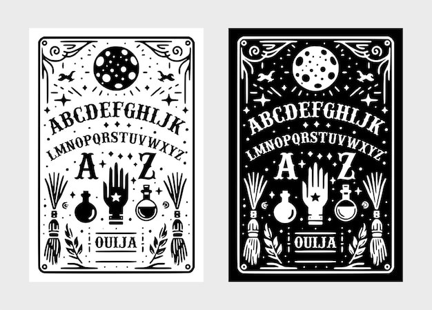 Vetor conjunto de ouija board monoline badge com cor preta e branca ocultismo conjunto vector ilustração
