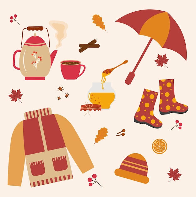 Conjunto de outono com botas de vestuário e bebidas quentes vetor ilustração outono jaqueta chapéu guarda-chuva botas