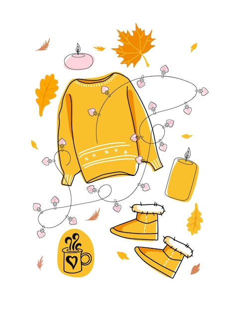 Conjunto de outono com elementos desenhados à mão. Suéter de malha quente, botas de pele, bebida quente, velas,