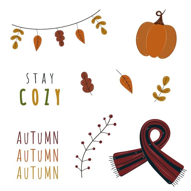 Conjunto de outono de elementos aconchegantes doodle. adesivos de clip art isolados de abóboras, cachecol, folhas sazonais