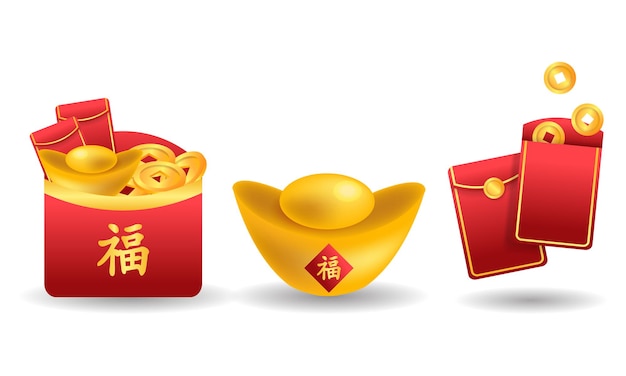 Conjunto de pacote vermelho de dinheiro e ouro para o ano novo chinês