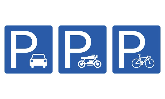Conjunto de pacotes imprimíveis retângulo azul sinal de estacionamento simples para carro, motocicleta, bicicleta e bicicleta