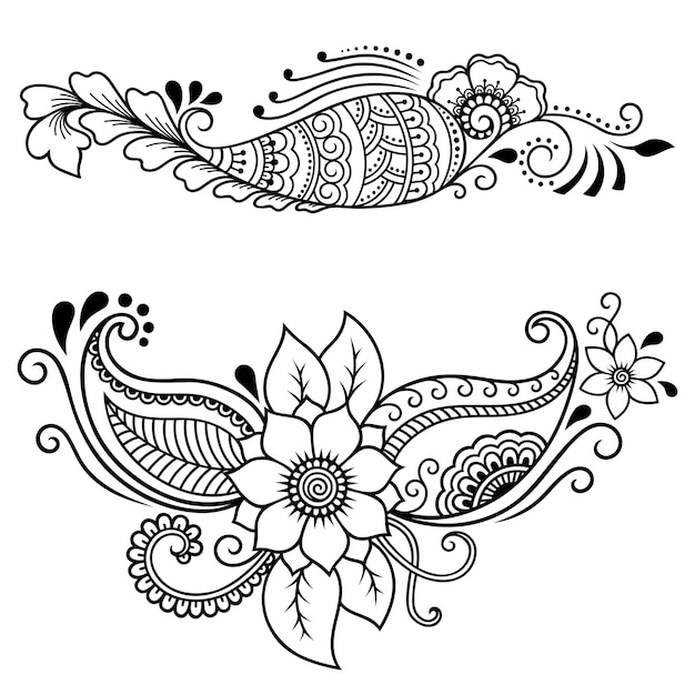 Conjunto de padrão de flor mehndi. decoração em estilo étnico oriental. doodle ornamento. mão de contorno desenhar ilustração.