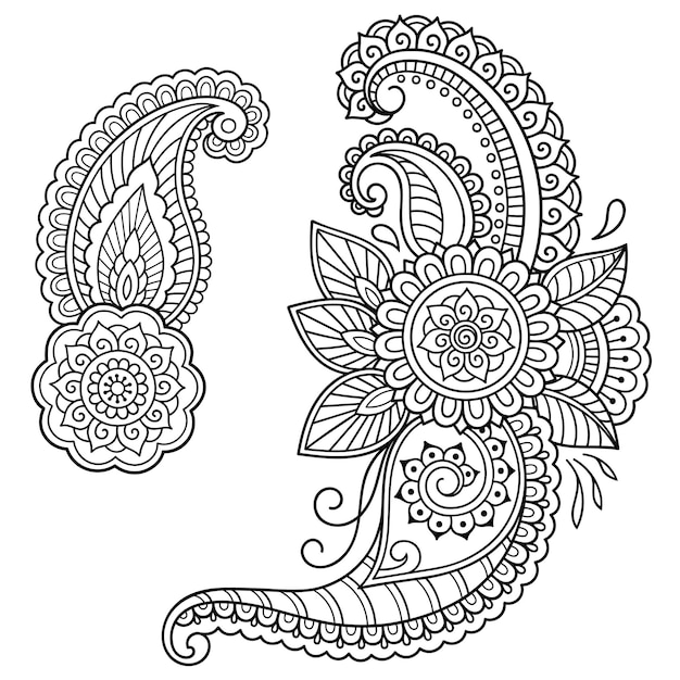 Conjunto de padrão de flor Mehndi para desenho e tatuagem de Henna. Decoração em estilo étnico oriental, indiano. Doodle ornamento. Mão de contorno desenhar ilustração vetorial.