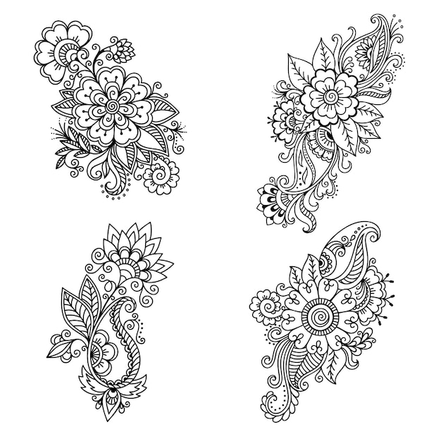 Vetor conjunto de padrão de flor mehndi para desenho e tatuagem de henna. decoração em estilo étnico oriental, indiano. ornamento do doodle. esboço mão desenhar ilustração vetorial.